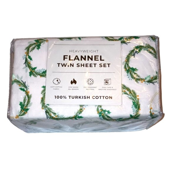 Heavyweight Flannel Twin Sheet Set Christmas Wreath Turkish Cotton Oeko-Tex - Picture 3 of 3